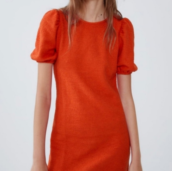 🌷ZARA • Orange Tweed-effect Short Puff Sleeve A-Line Shift Dress NWT - Picture 2 of 15